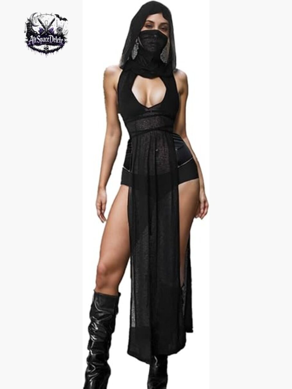 Sheer Mesh Rave Dress with Hood, High Slit, Sleeveless, Fitted
